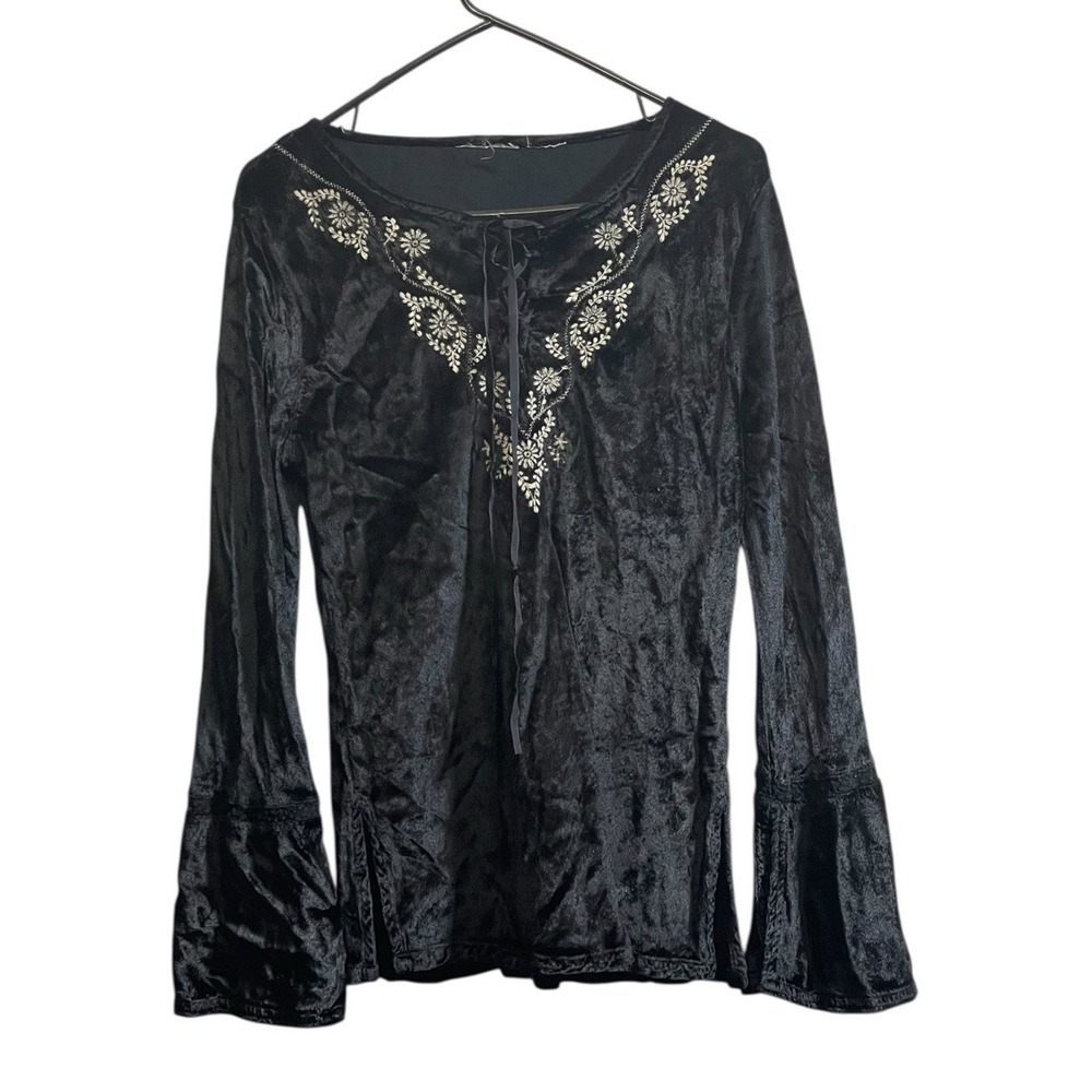 Y2K Womens Black Top V-neck Fitted Long Sleeve Velvet Whimsigoth Witchy Large
